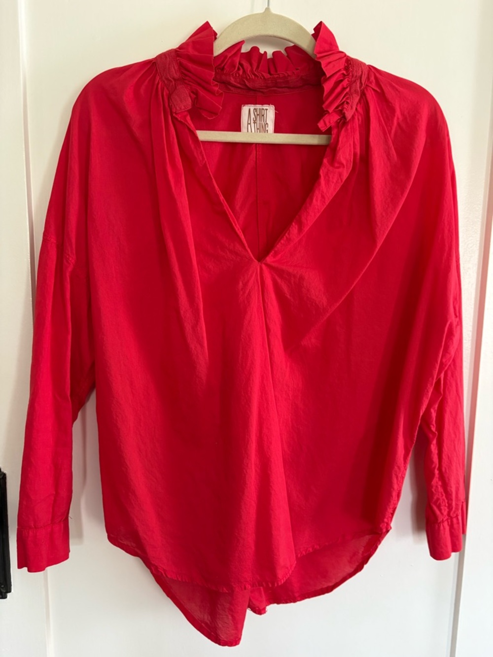 A SHIRT THING Red Ruffle-Collar V-Neck Blouse